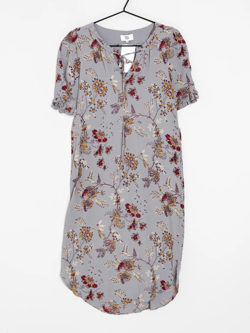 Noa Floral Ruffle Sleeve Midi Dress in Gray & Burgundy Size 38